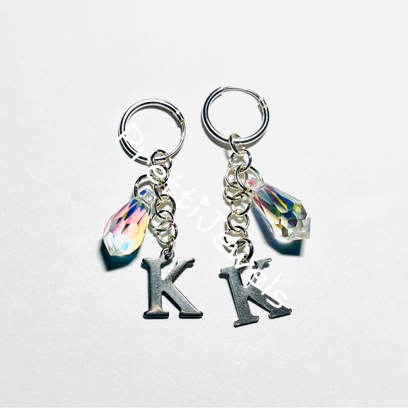 Personalizeable AB Teardrop Initial Letter Hoop Earrings - Picture 10 of 12